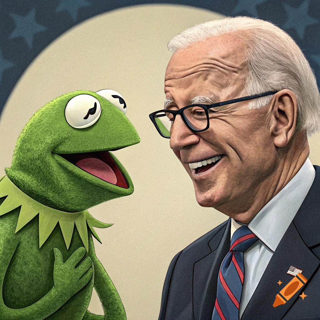 Illustration of Kermit the Frog talking to a smiling Joe Biden.