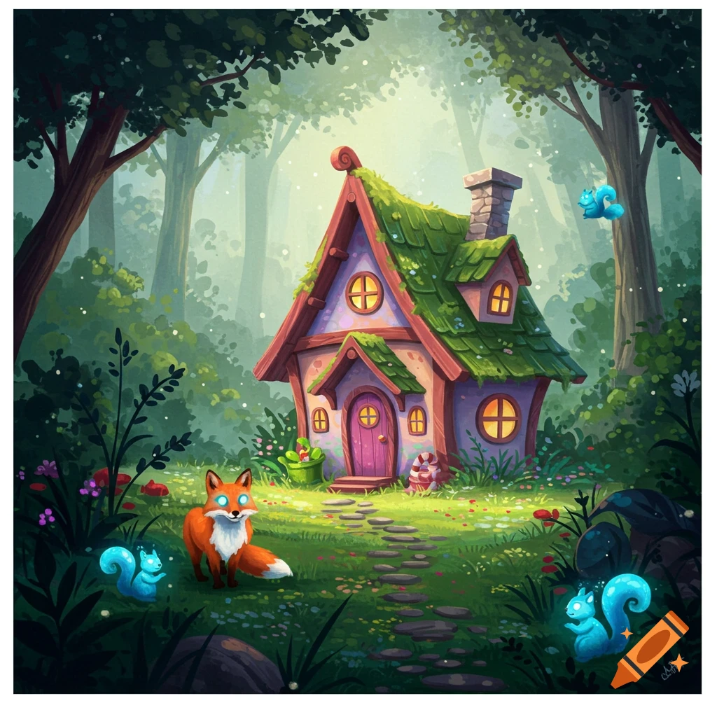 Cartoon house in a magical forest with a fox and glowing blue squirrels.