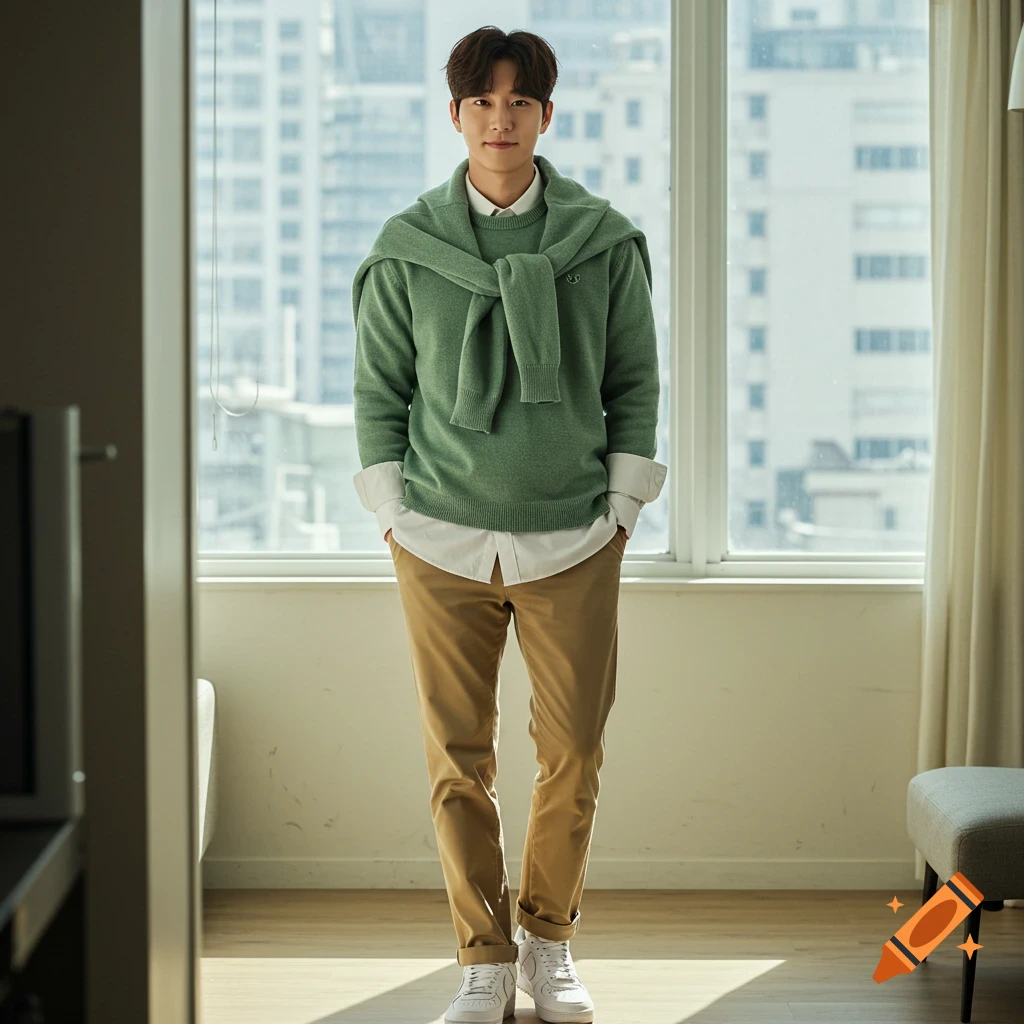 A man in a green sweater, white shirt, khakis, and white shoes stands by a window.