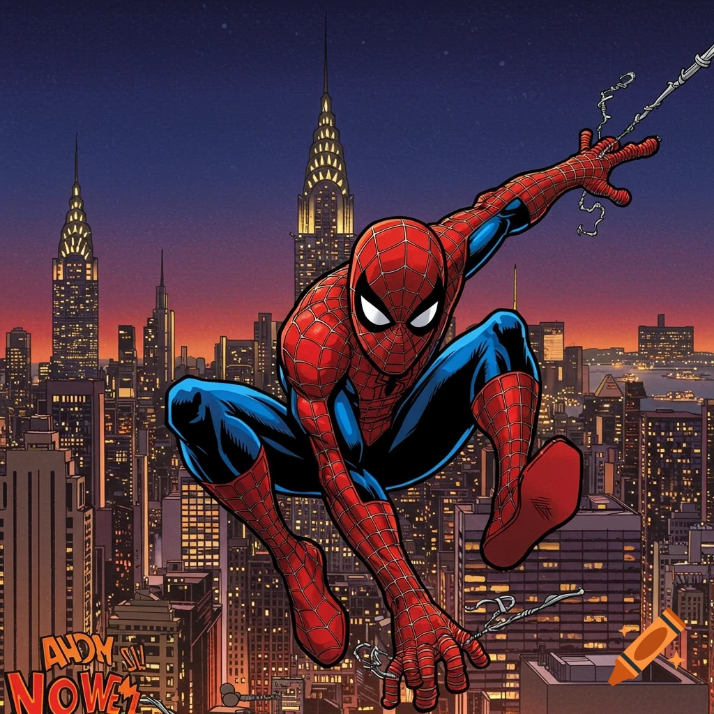 Spider-Man leaps over a comic book style cityscape at dusk.