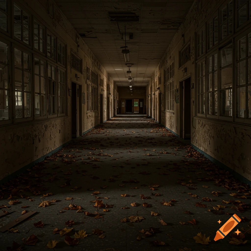 A long, dark, abandoned school hallway is covered in fallen leaves. Fluorescent lights hang from the ceiling.