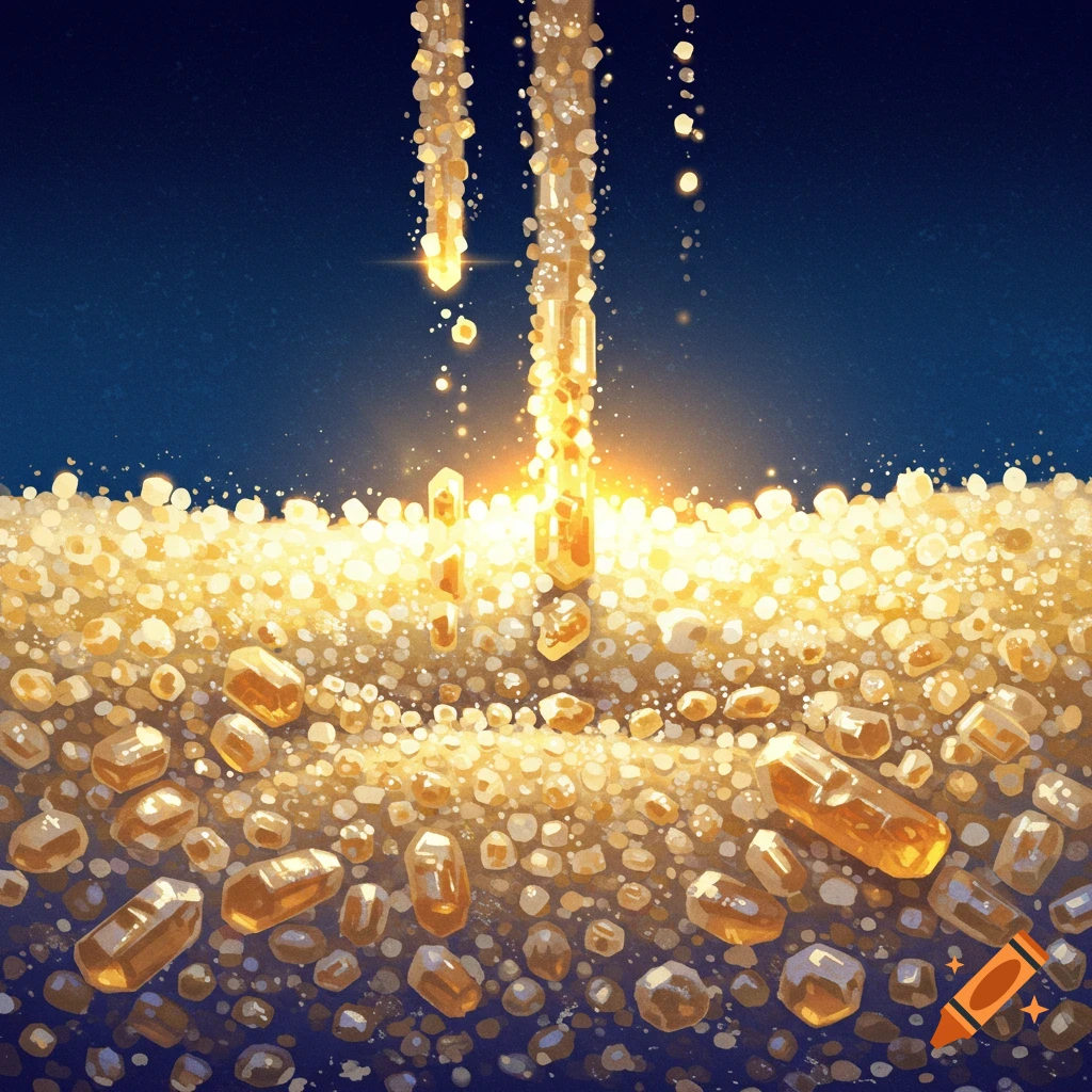 golden crystals or sugar with bright light beams