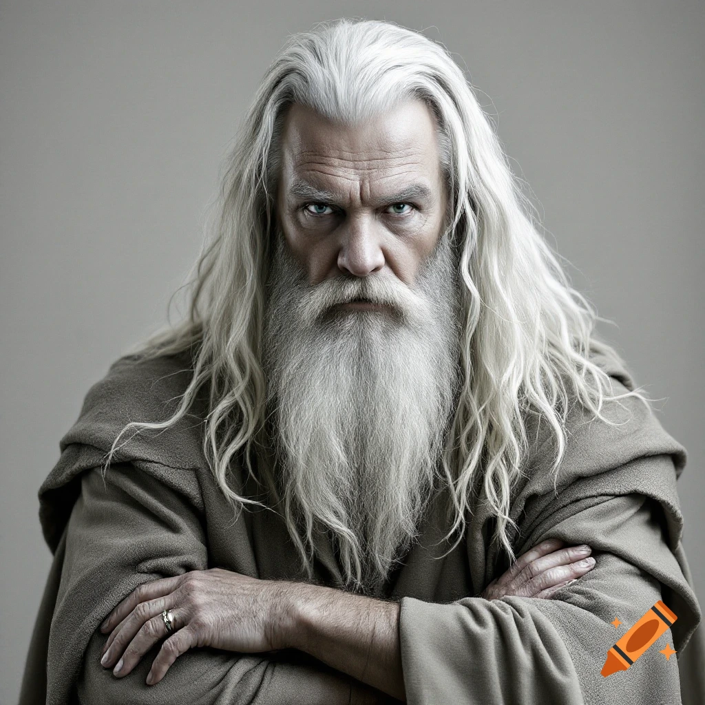 Photorealistic portrait of a man with long white hair and beard wearing a hooded robe, arms crossed.