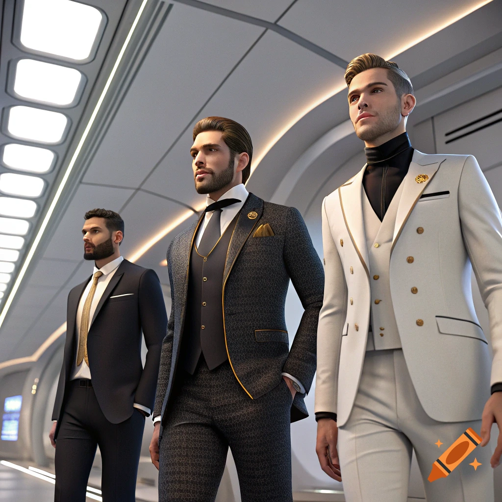 Three men in suits walk in a futuristic hallway, 3D render