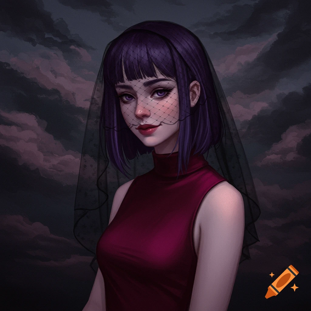 A girl with purple hair, black veil, and red dress stands against a cloudy background.