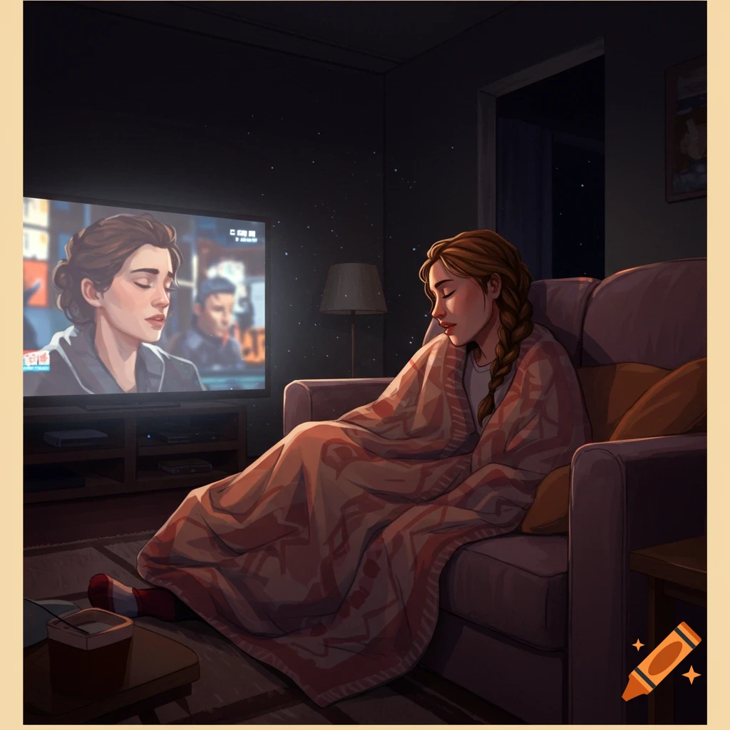 A woman sleeps on a couch under a blanket while watching TV in a dark room.