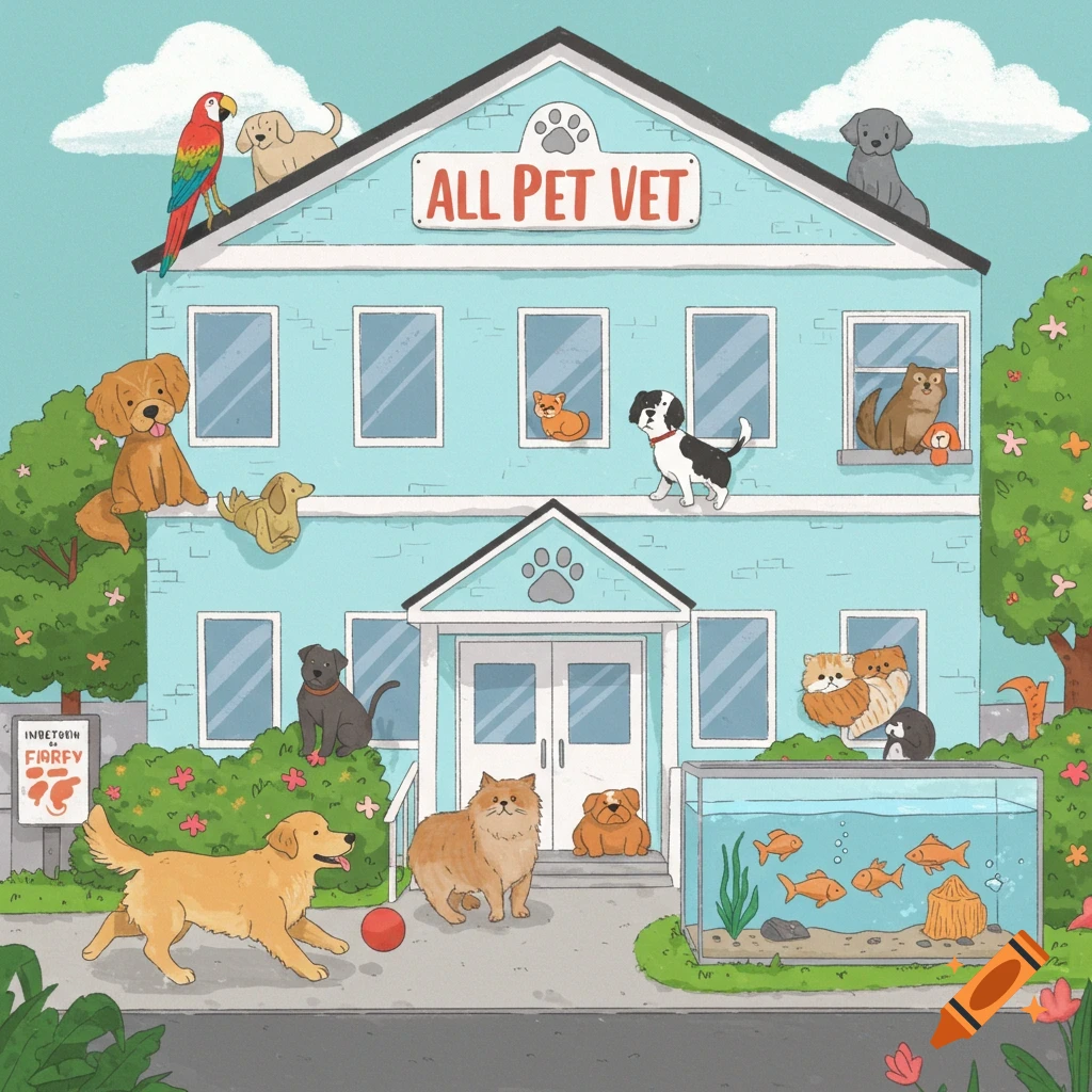 Cartoon animals are gathered around a blue building for 'All Pet Vet' animal hospital.