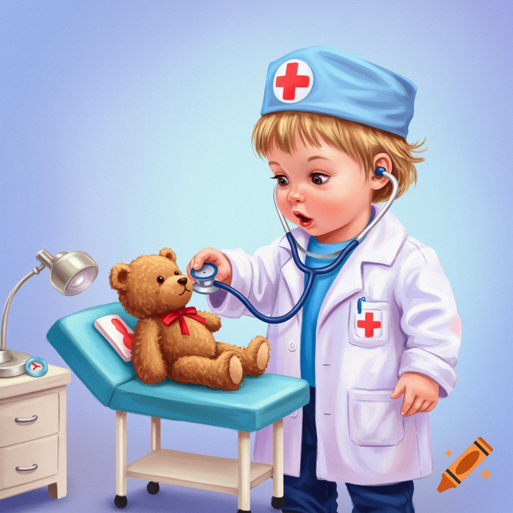A child dressed as a doctor uses a stethoscope on a teddy bear patient.