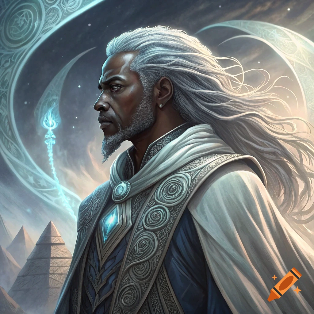 Fantasy portrait of a man with white hair, elaborate robes, and magic