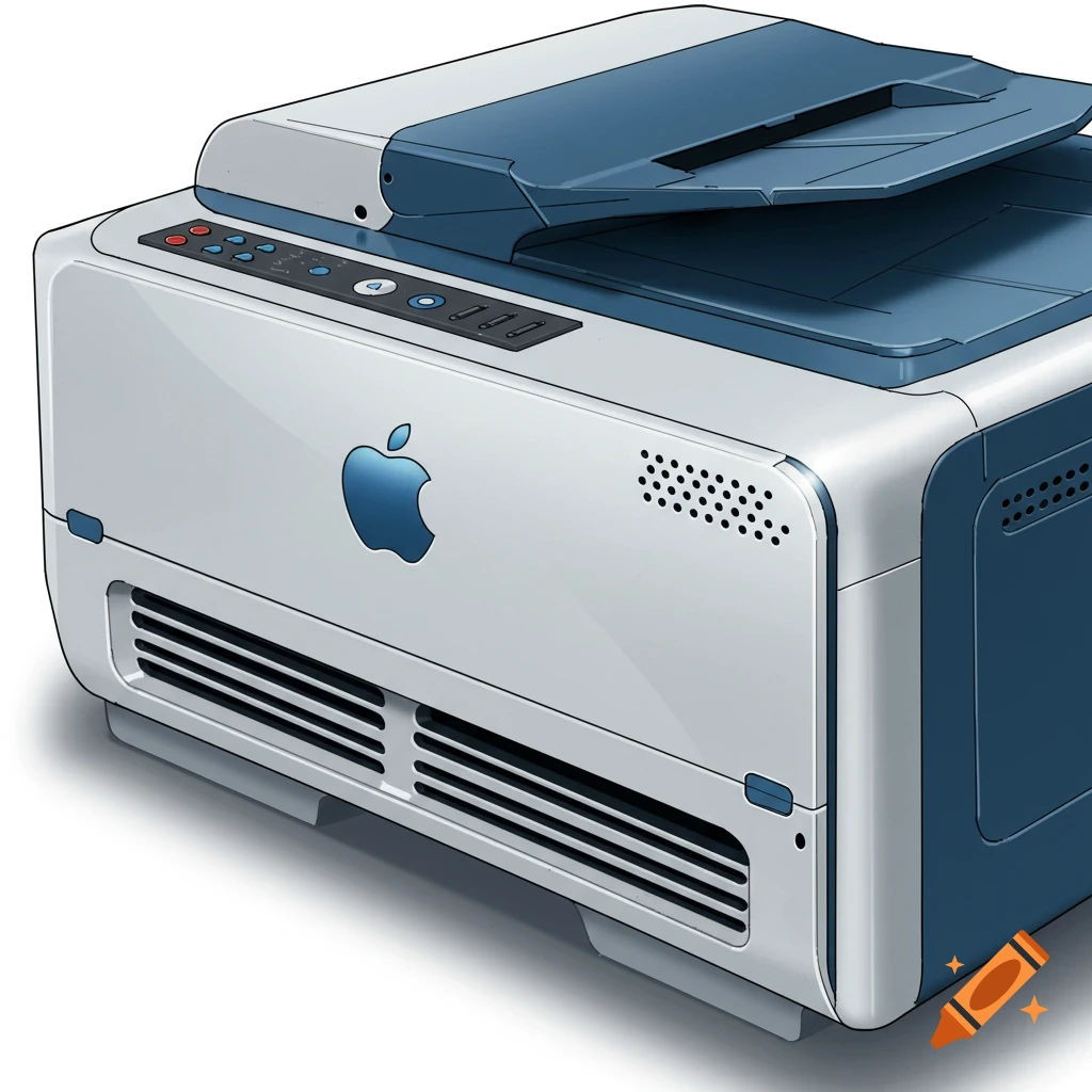 A digital illustration of a white and blue printer with an Apple logo.