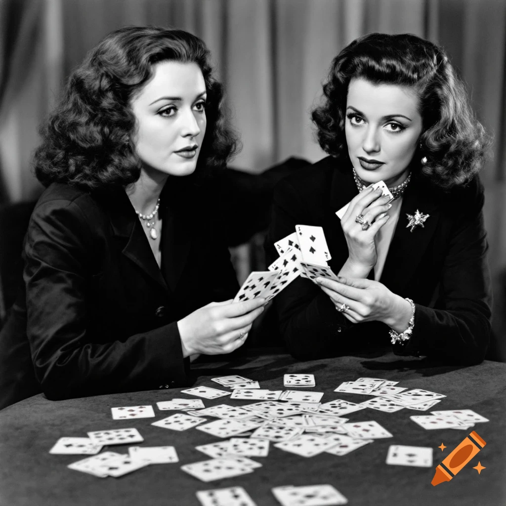 Two women play cards at a table in a black and white photograph