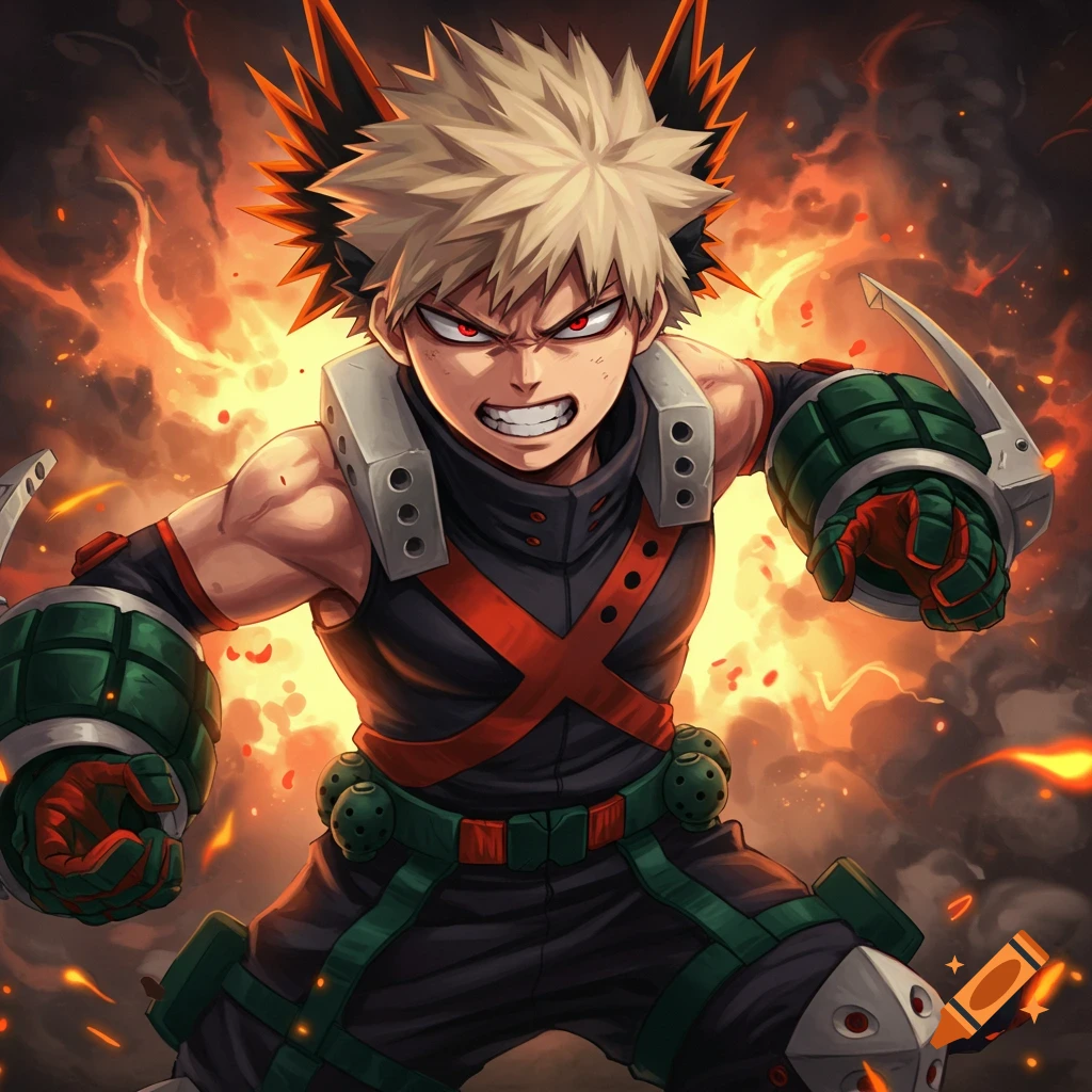 Anime character Bakugo in action pose with explosions.