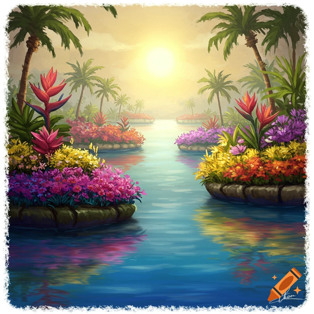 Tropical floating gardens on a river with palm trees and bright sun.