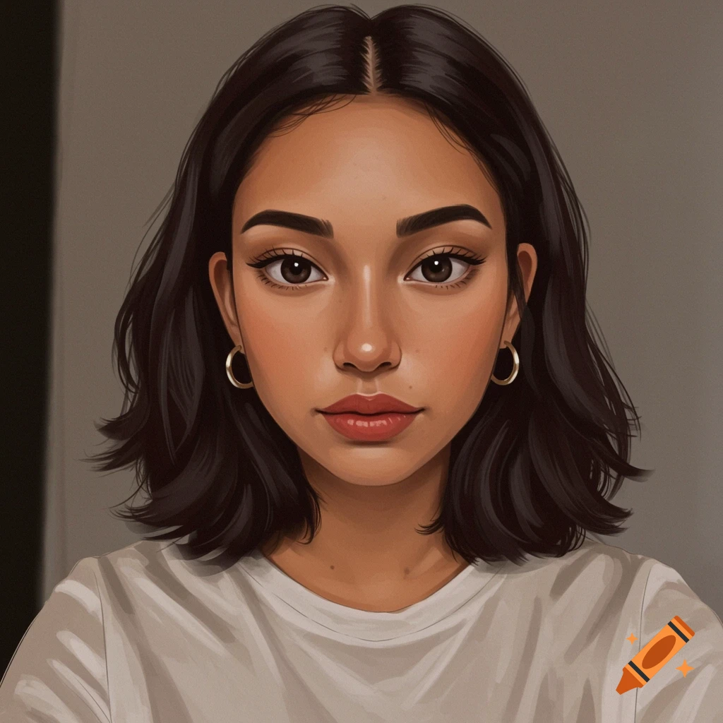Portrait of a woman with dark brown hair, dark brown eyes, olive skin, and gold hoop earrings.