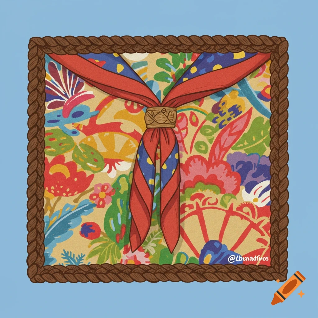 Digital illustration of a colorful scout kerchief with a rope border on a blue background.