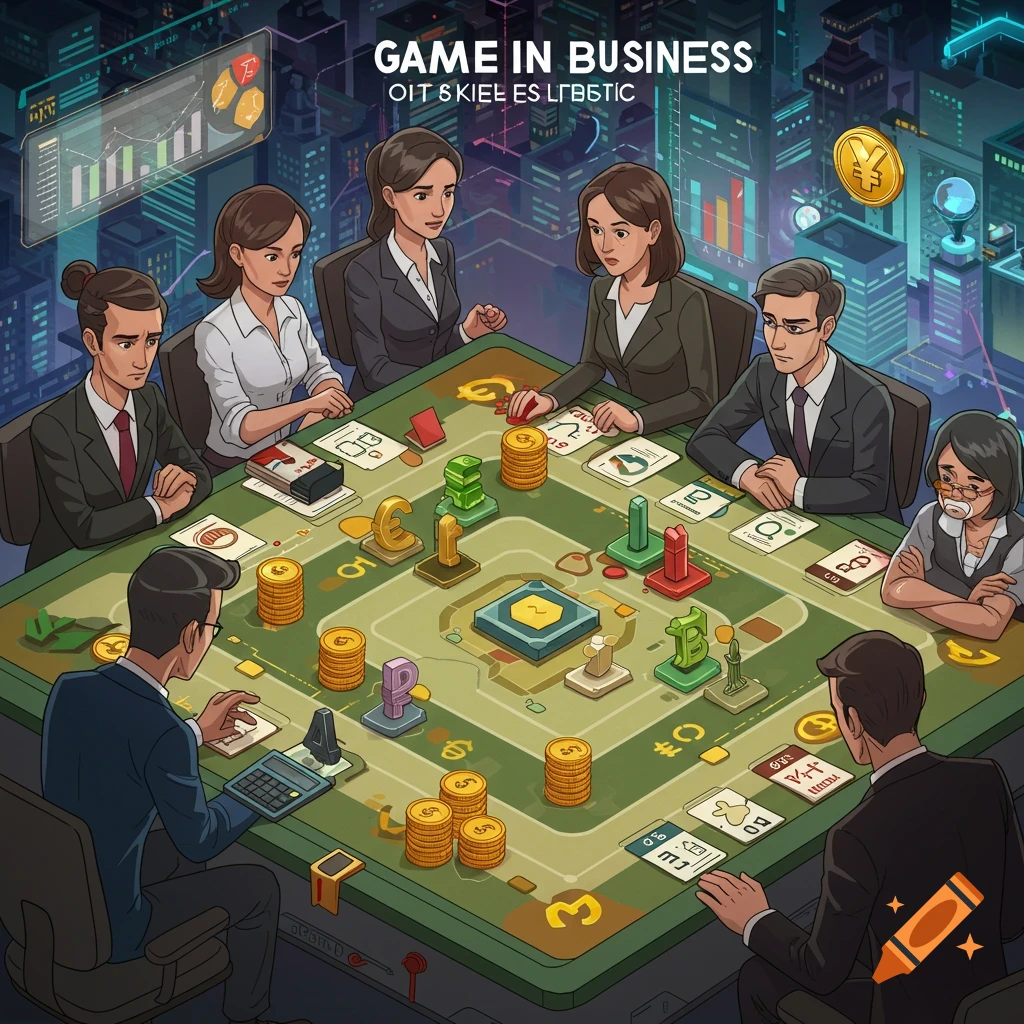 Business people playing a board game with money and charts in a cityscape.