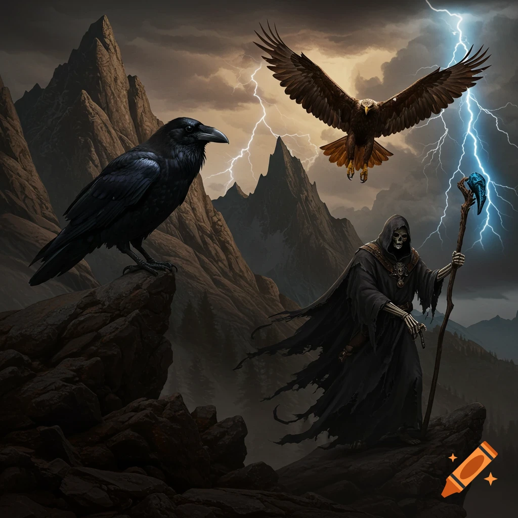 A raven, eagle, and reaper are in a stormy mountain landscape