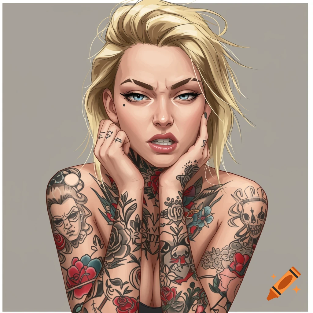 Digital illustration of a blonde woman covered in tattoos, resting her face in her hands with a disdainful expression.