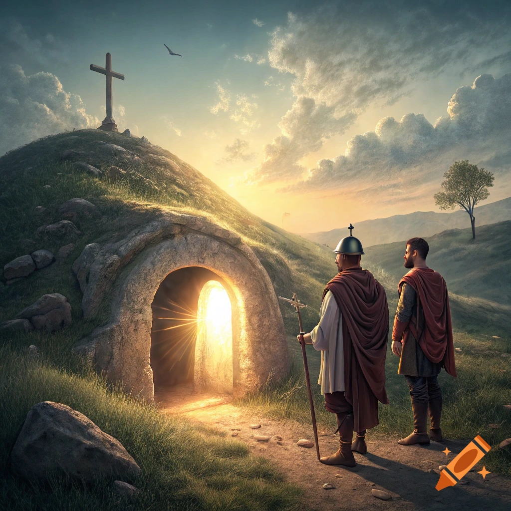 Two figures stand before an opened tomb with bright light, a cross on a hill in the background at sunset.