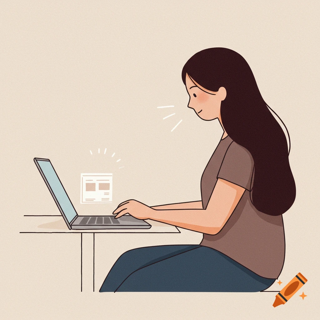 Simple illustration of a young woman using a laptop.