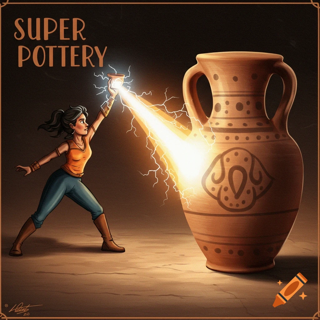 A girl shoots power beams at a large pot.