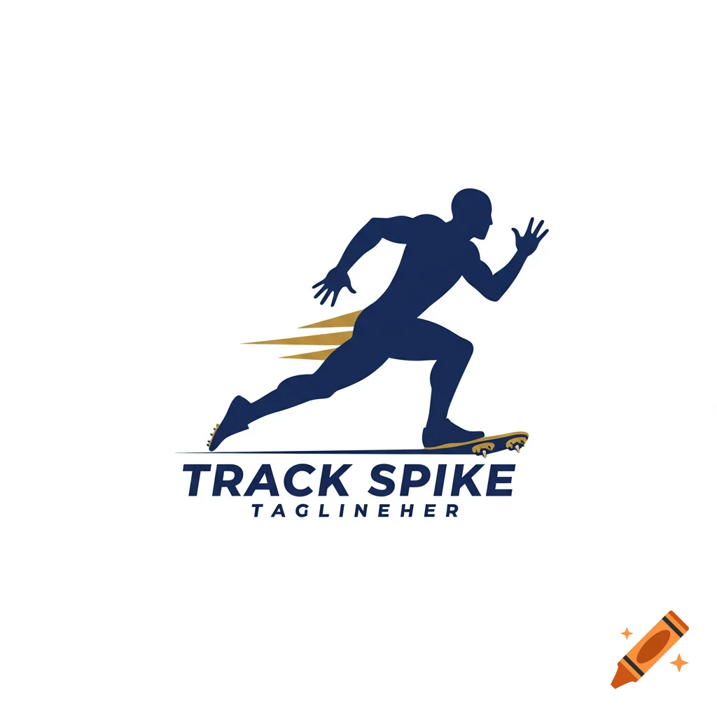 A logo of a dark blue silhouette runner with gold speed lines, text below reads TRACK SPIKE TAGLINEHER.