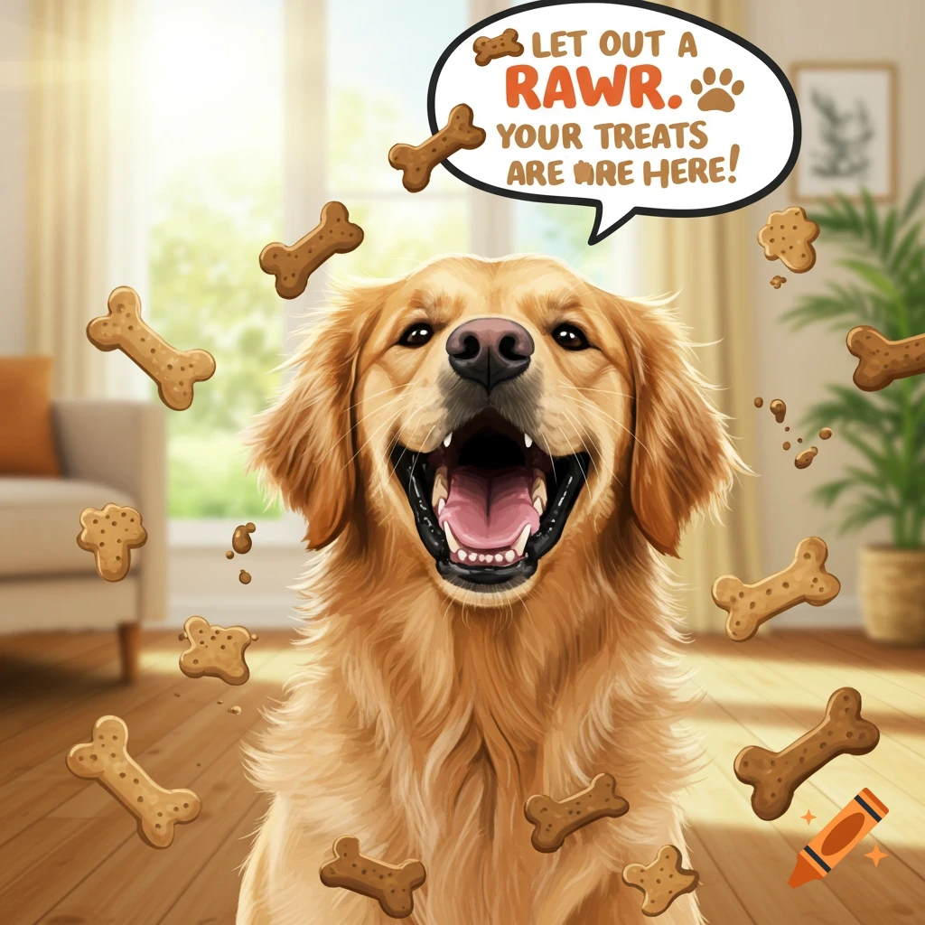 A happy Golden Retriever dog surrounded by treats with a speech bubble saying 'LET OUT A RAWR. YOUR TREATS ARE ARE HERE!'