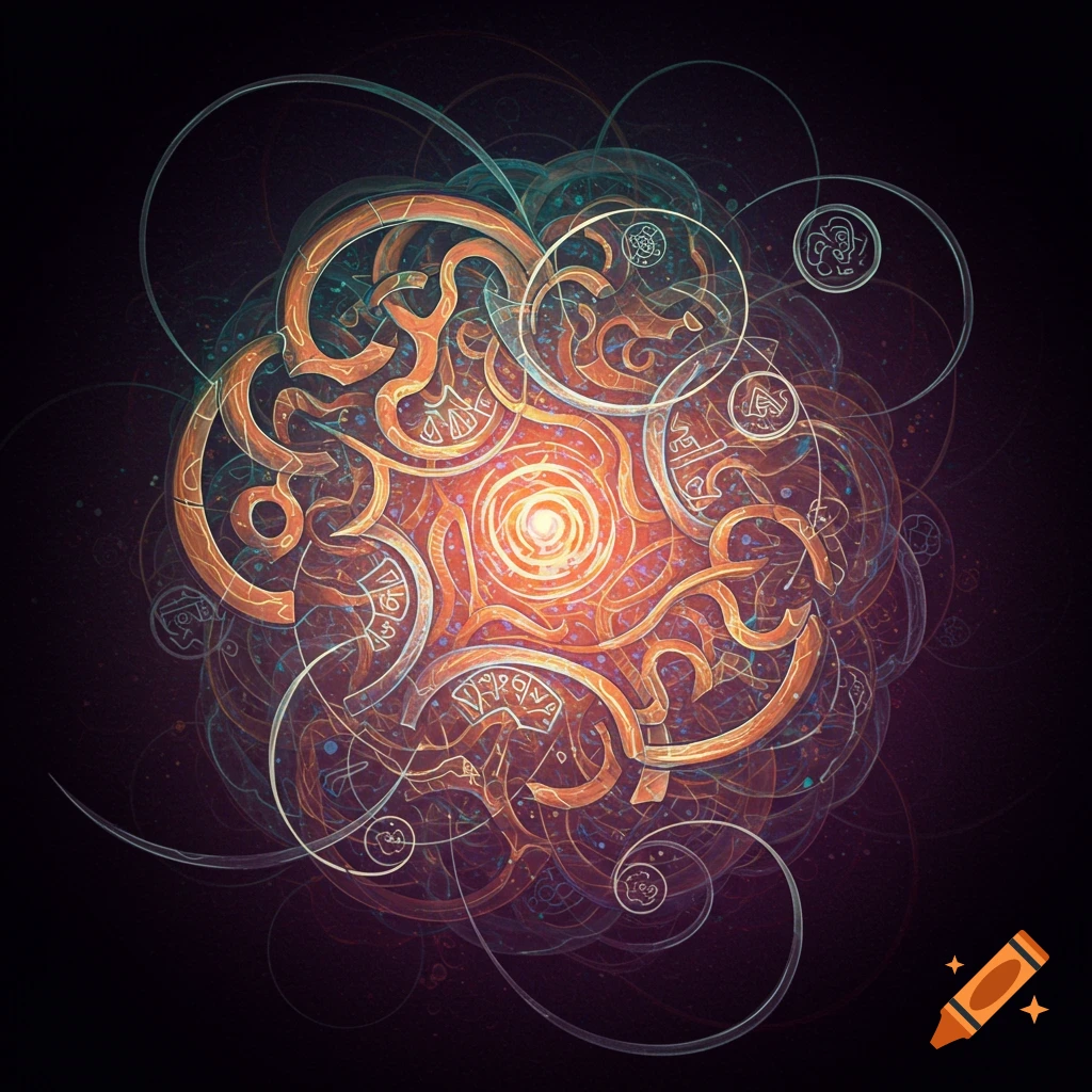 Abstract orange and blue digital art with interwoven lines, circles, and glowing symbols on a dark background.