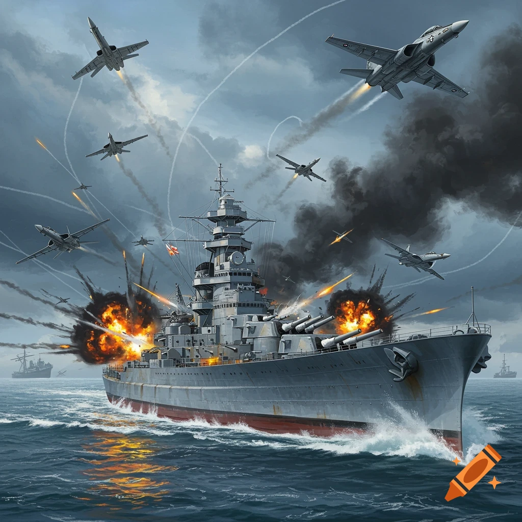 Illustration of a battleship under attack by jet fighters in a stormy sea