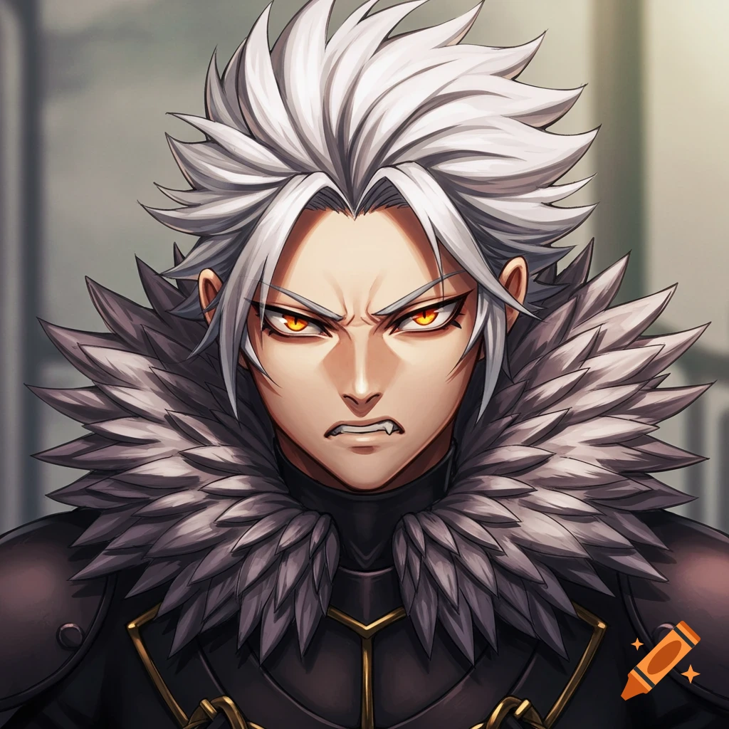 Anime portrait of a man with white spiky hair, orange eyes, and a feather collar looking annoyed.