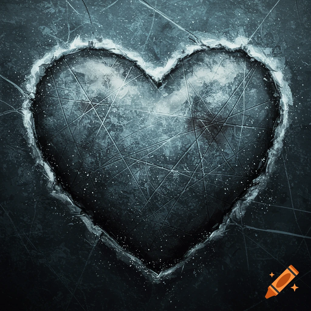 An abstract image of a heart shape made of dark, scratched ice.