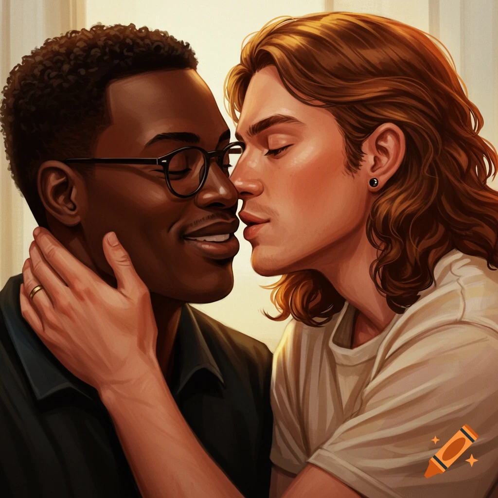 A Black man with glasses is kissing a white man with long brown hair.