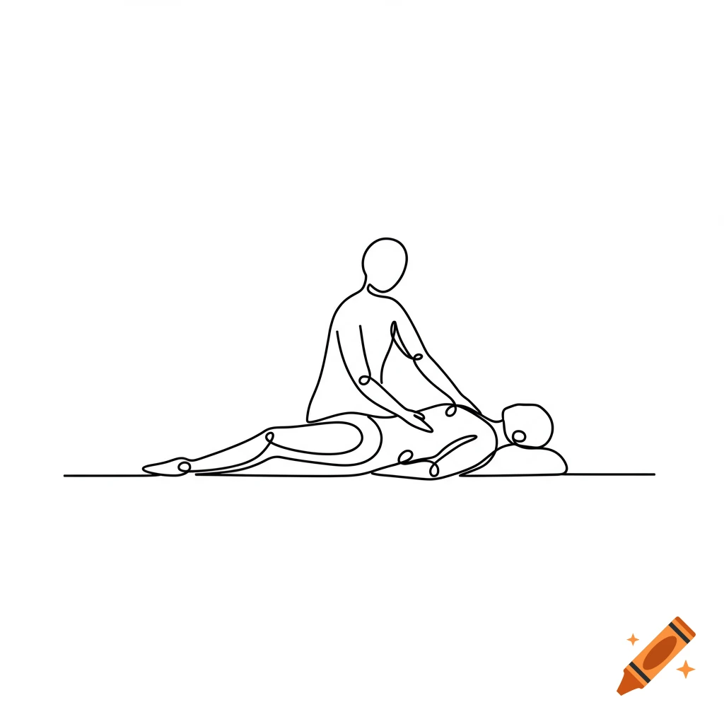 Continuous line drawing of a therapist giving a massage to a person lying down.