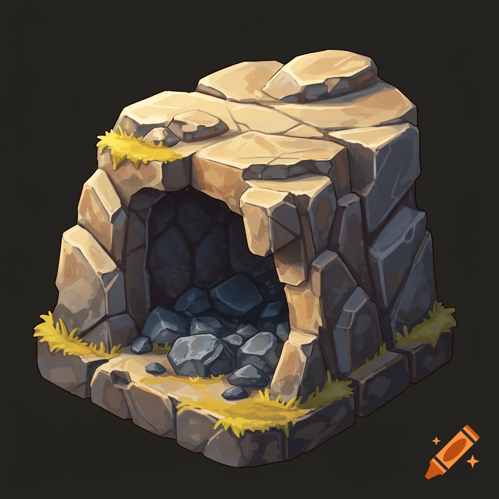 A stylized board game piece of a quarry or cave entrance.
