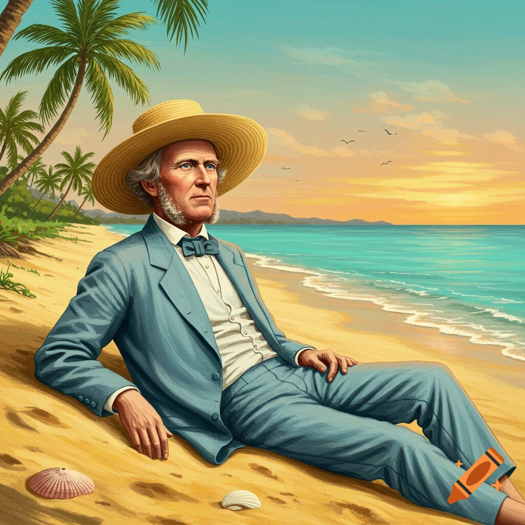 A man in a suit and straw hat is sitting on a tropical beach at sunset.