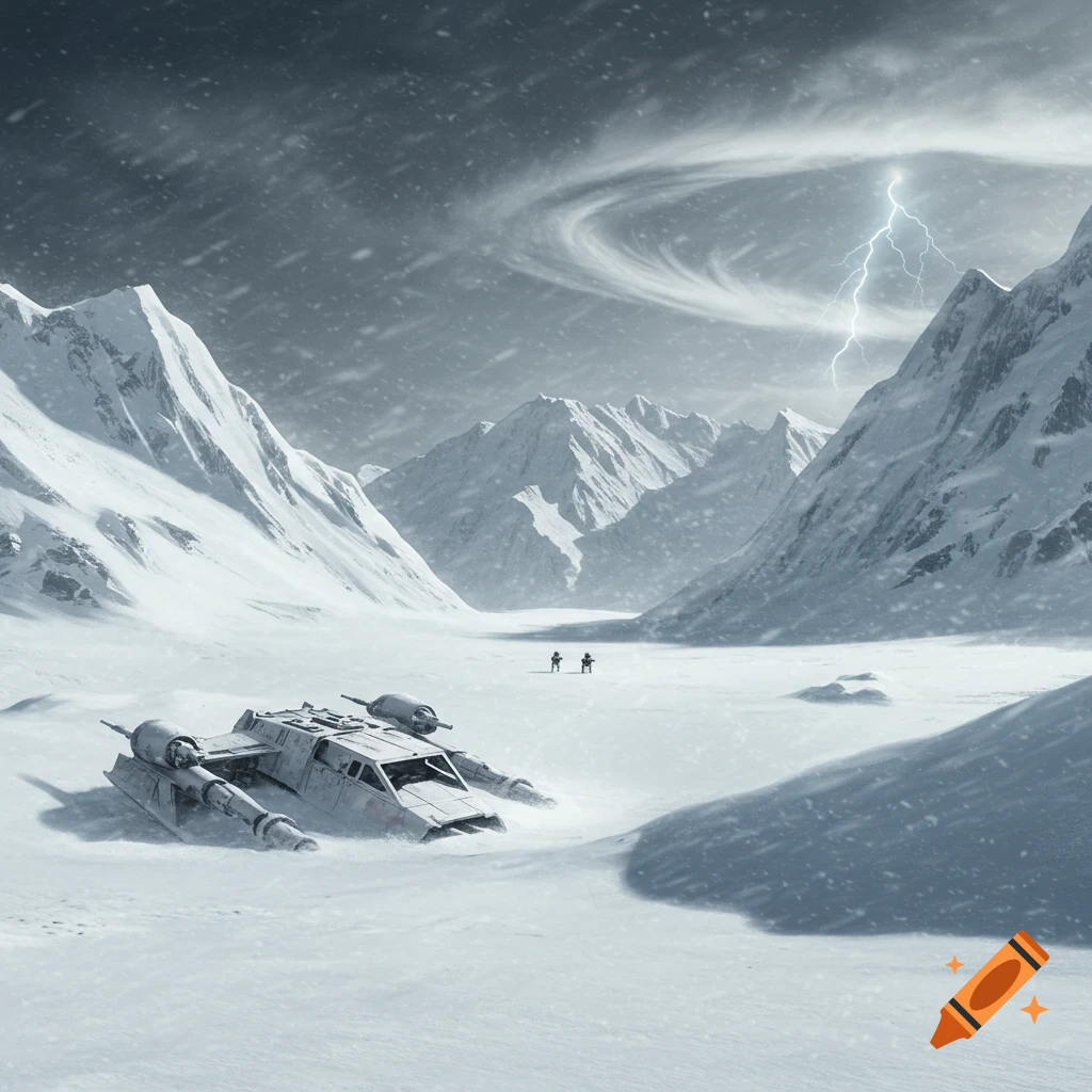 Snowy mountain valley with a crashed spaceship, two figures walking, lightning strike, and swirling clouds. Ralph McQuarrie style sci-fi landscape.