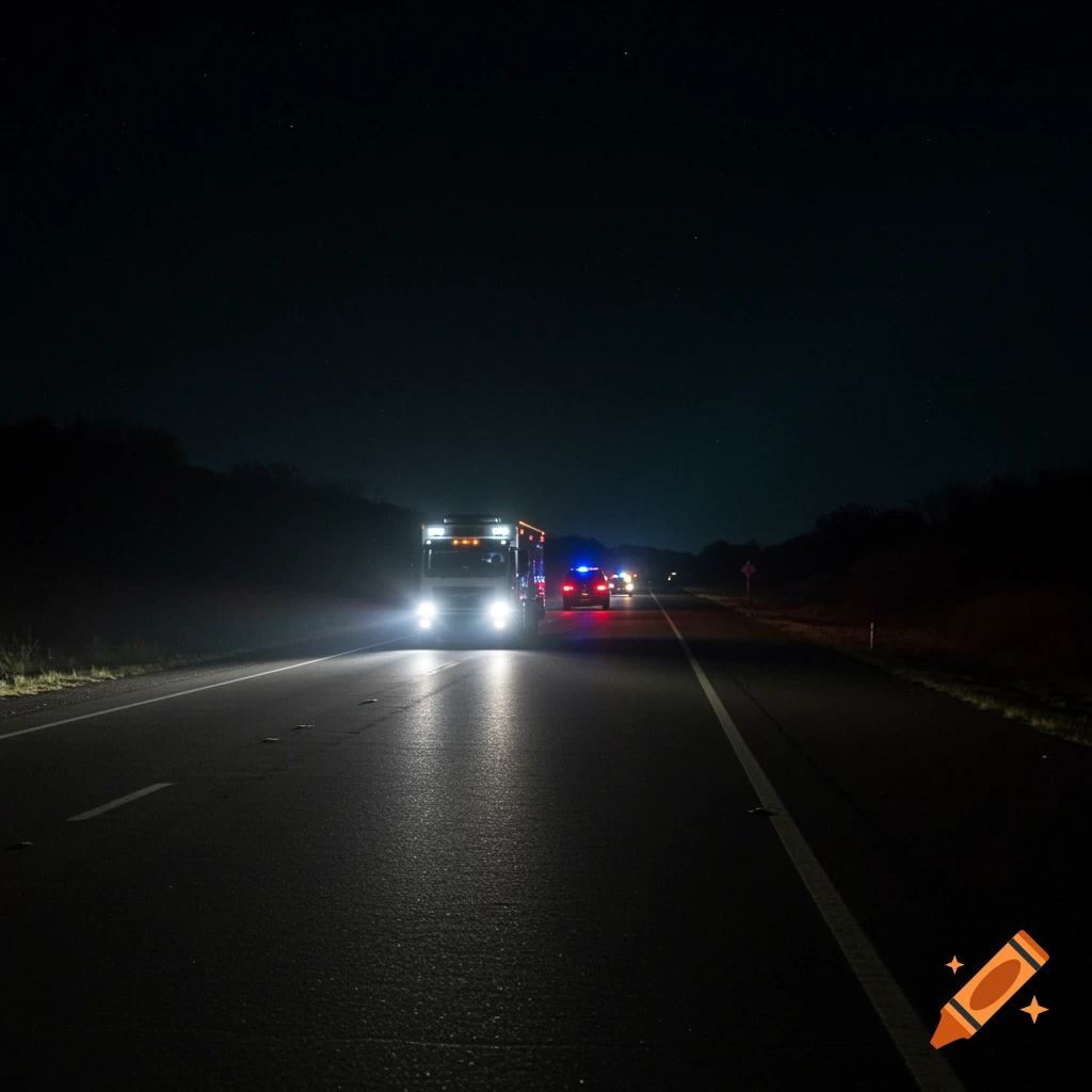 A truck and a police car drive on a dark highway at night, lit by headlights.
