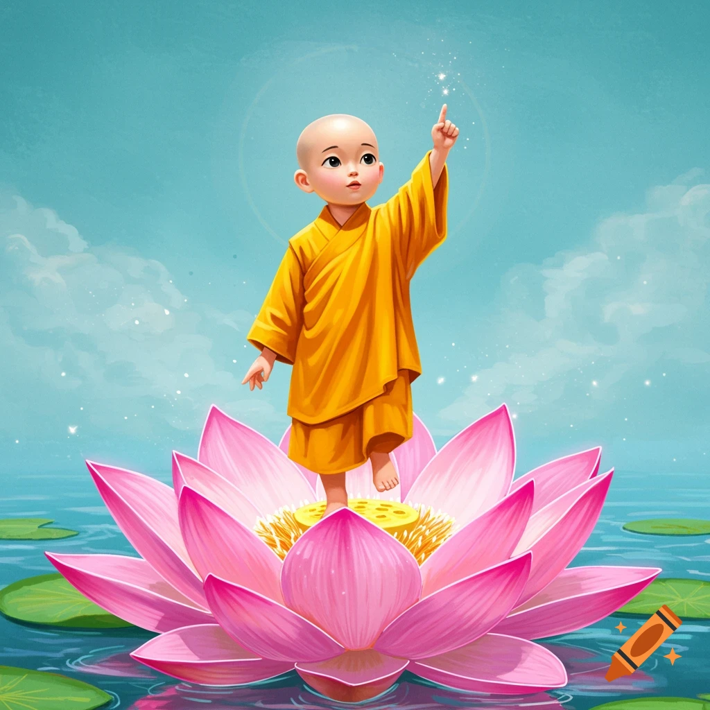 A young monk standing on a large pink lotus flower in water, pointing towards the sky.