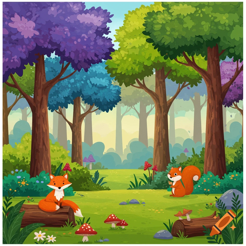 Cartoon illustration of a fox and squirrel in a fantasy forest