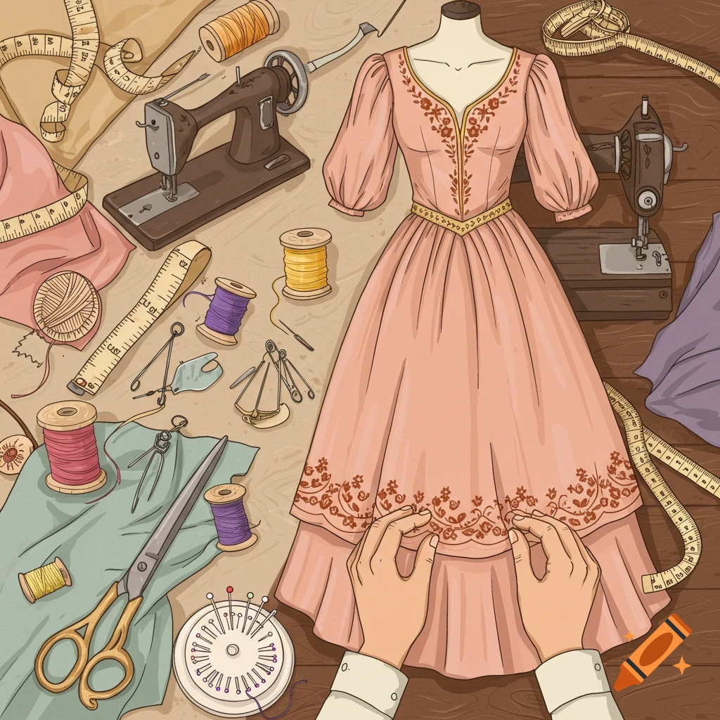 Illustration of a sewing scene with a dress on a mannequin, sewing machines, threads, and tools.
