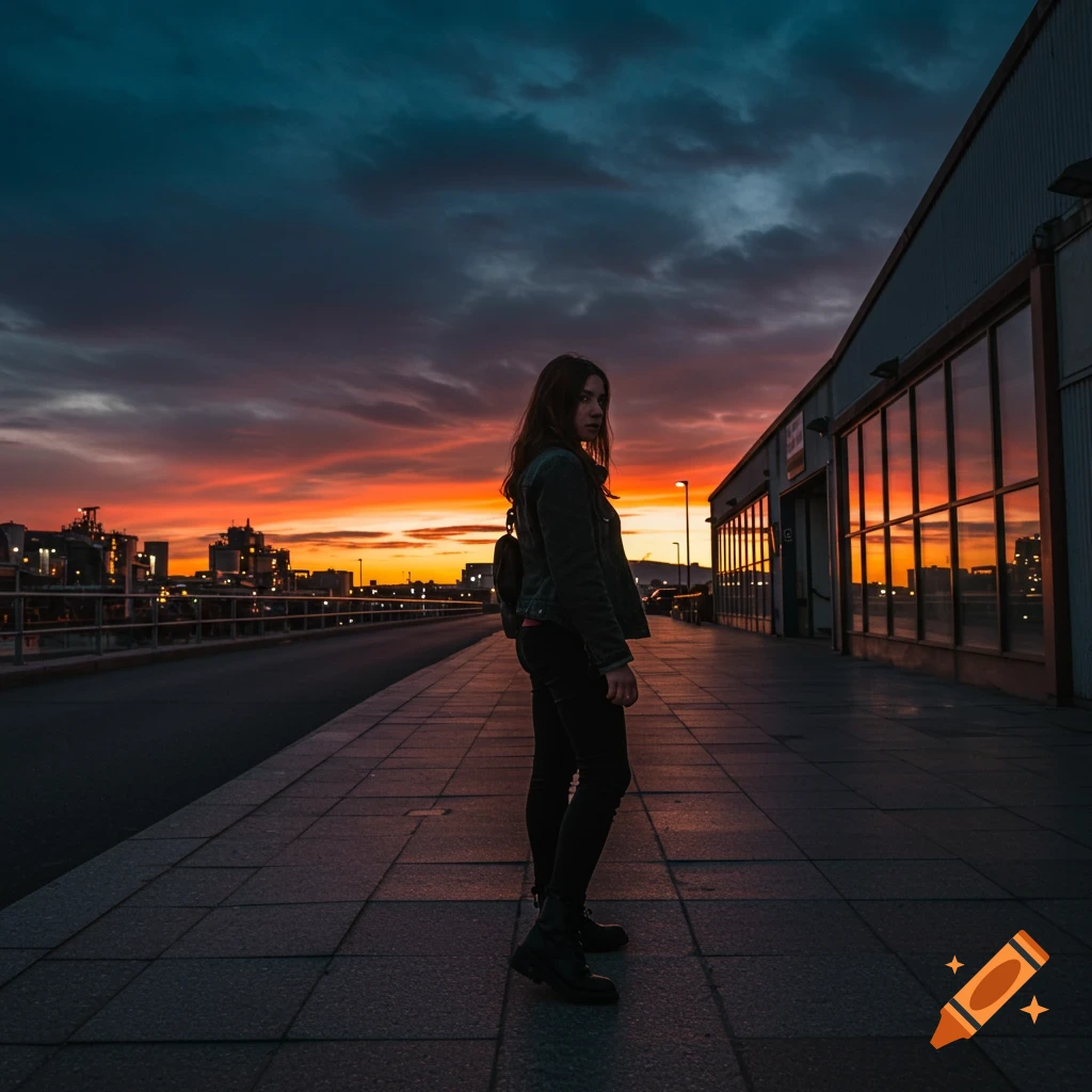 A woman stands on a tiled platform overlooking a city skyline at sunset.