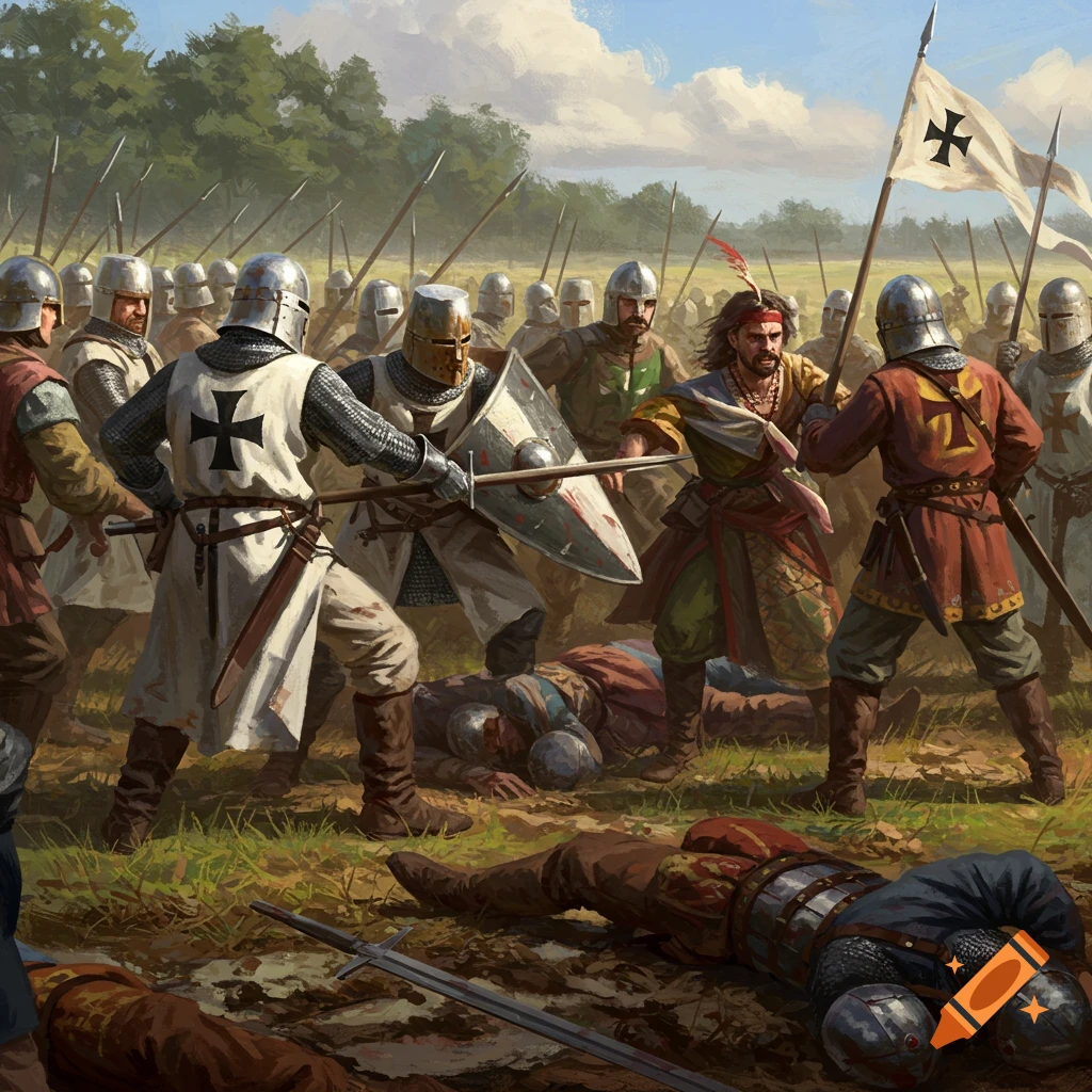 A medieval battle between knights and soldiers.