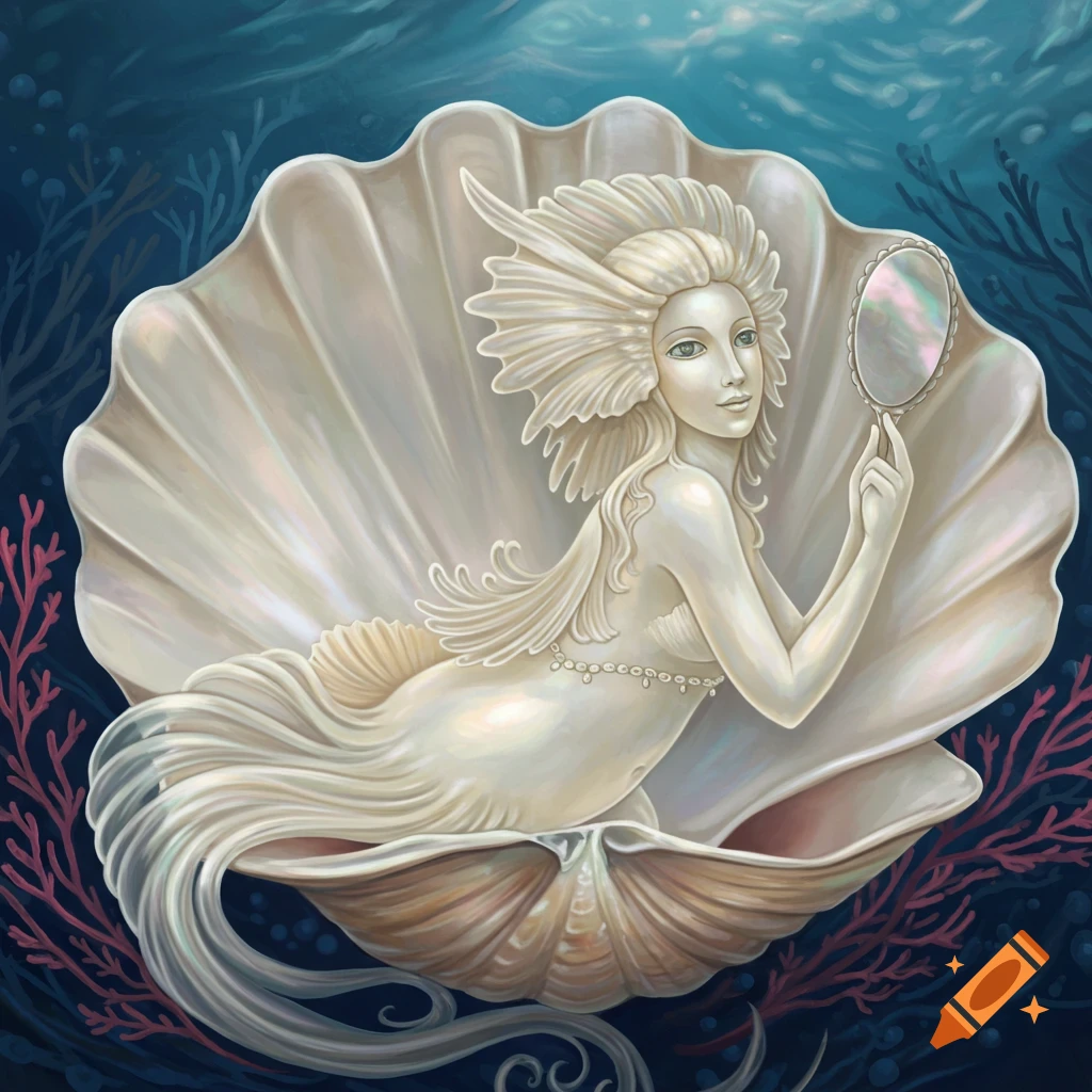 An underwater scene features a seashell figure resembling a mermaid. The figure is holding a mirror.