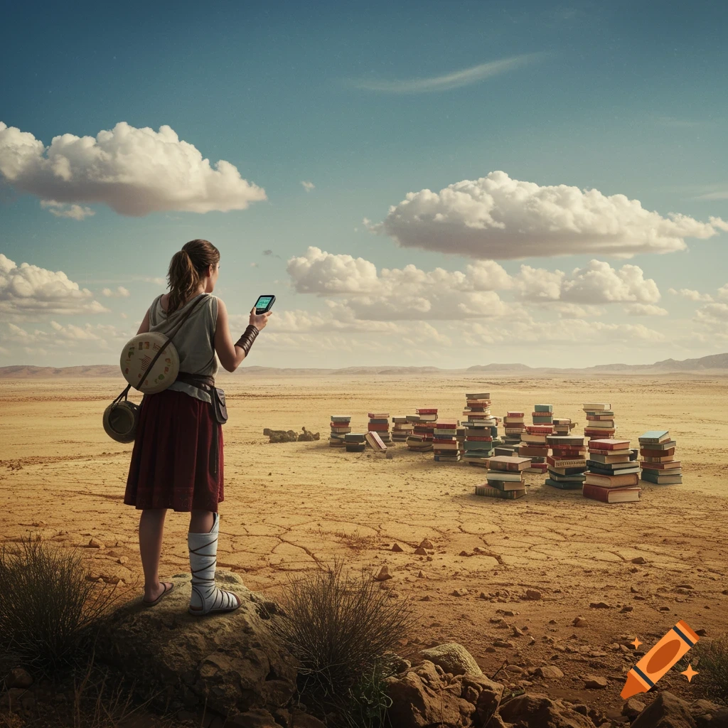 A woman in ancient gear stands on a rock in a desert, looking at piles of books on the horizon, holding a modern device.