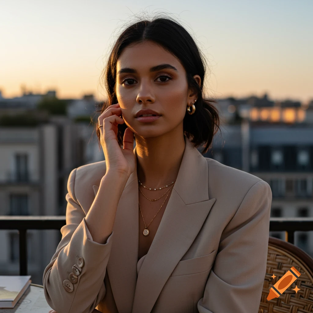 Portrait of a woman in a blazer on a rooftop at sunset.