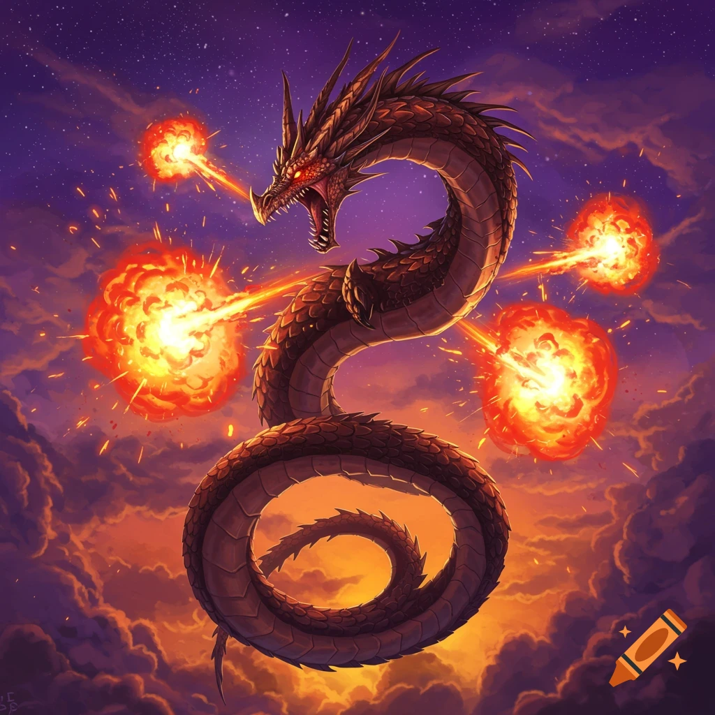A red-eyed dragon breathes fire while coiled above clouds under a starry sky.
