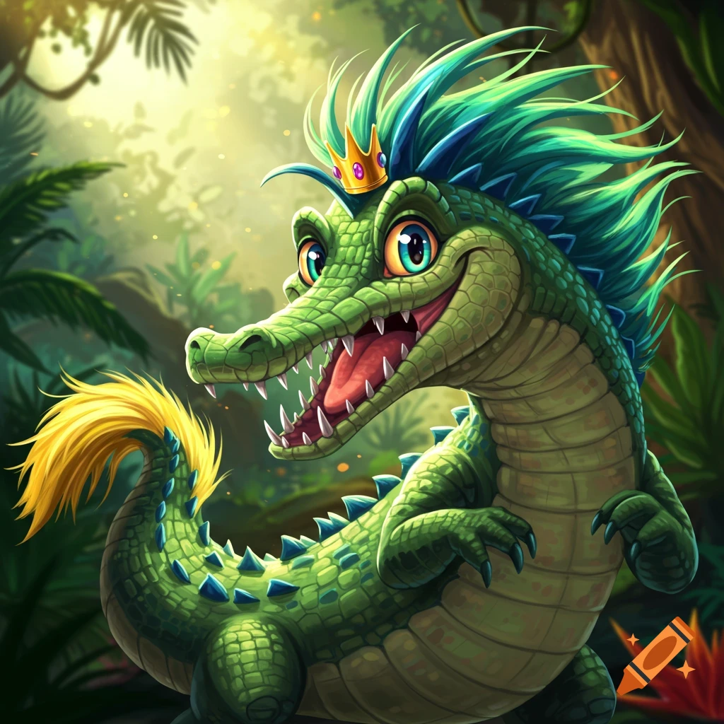 A cartoon green crocodile with a crown and blue hair stands in a jungle.
