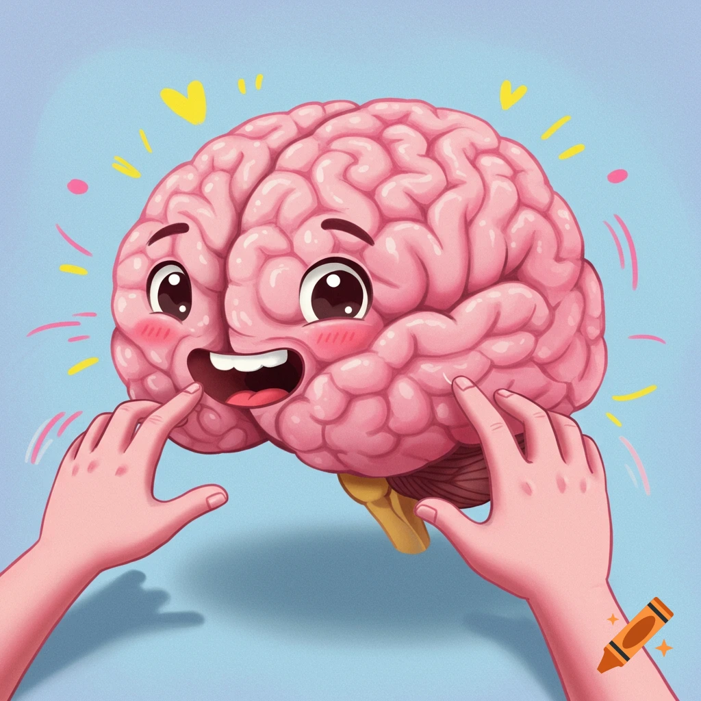 A cute cartoon brain with a happy face is being tickled by two hands.
