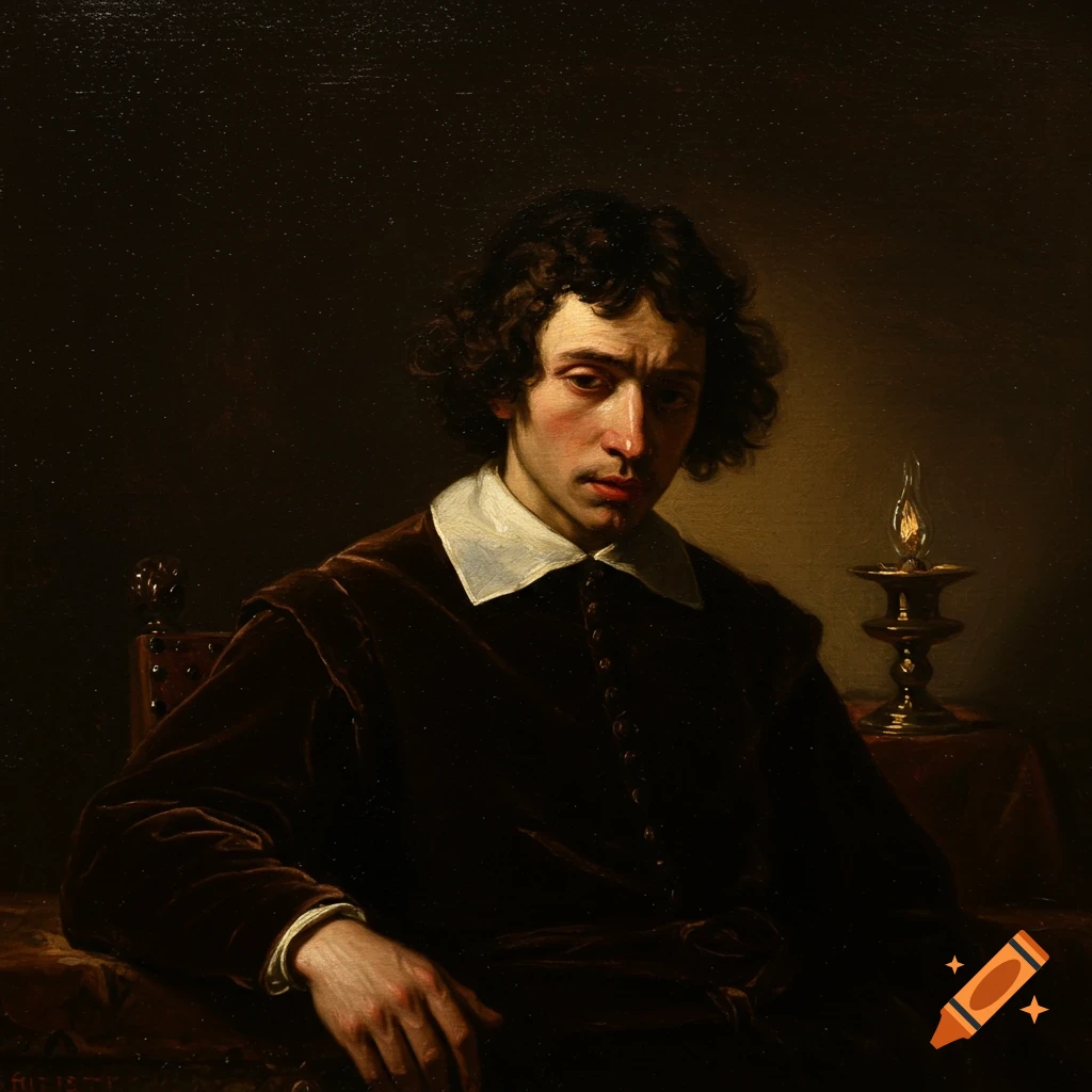 Oil painting of a young man in historical clothes sitting in a dark room with a lamp.