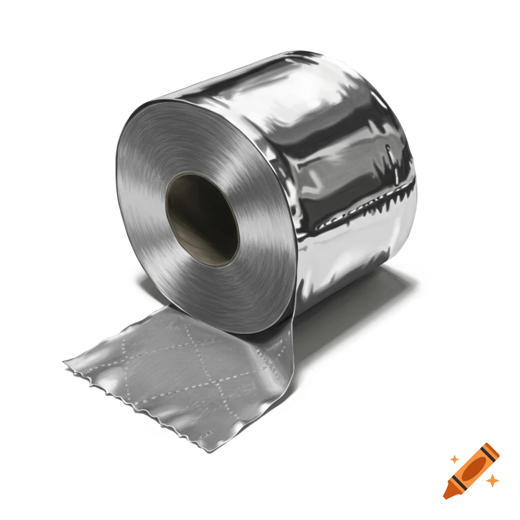 A roll of chrome toilet paper on a white background